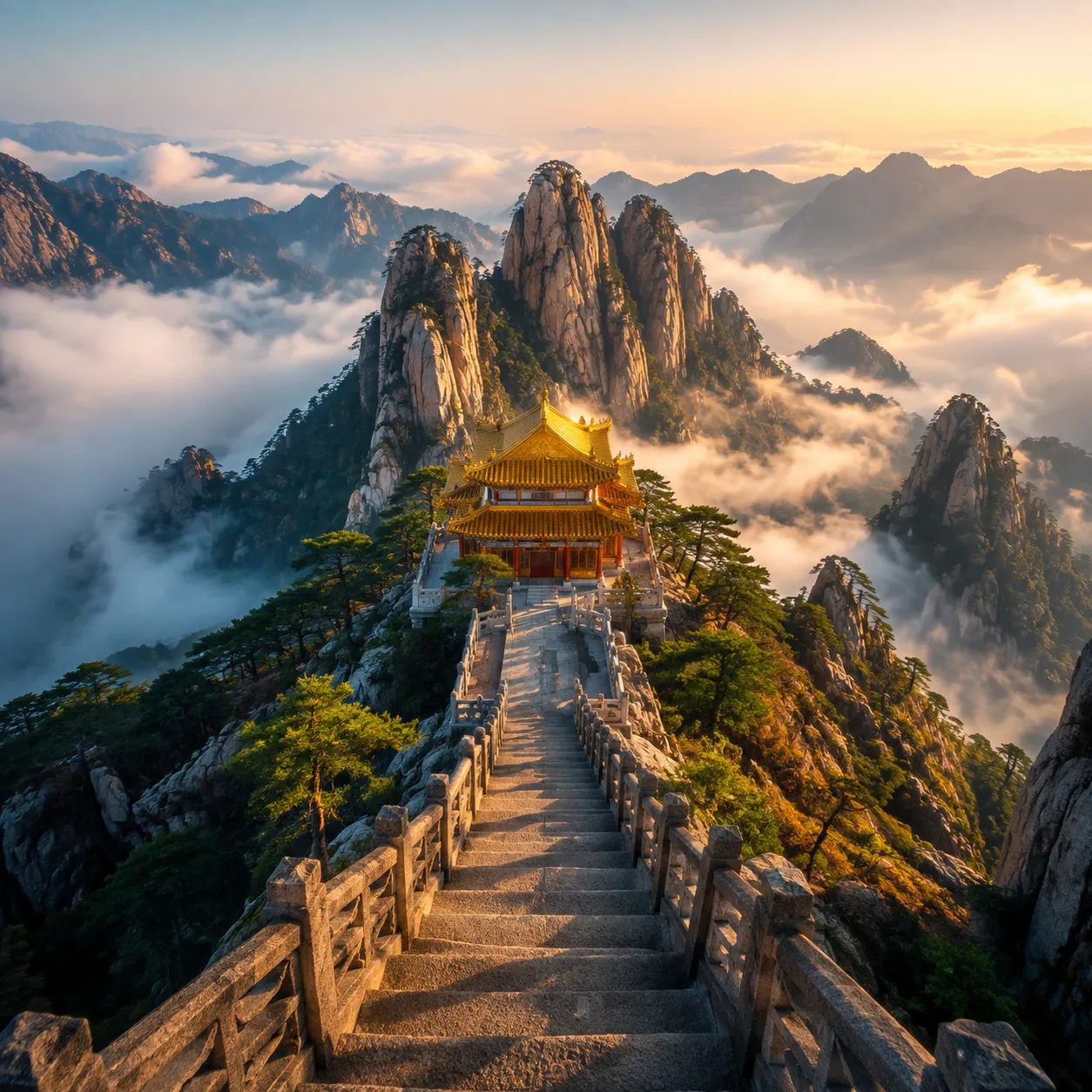 Jiuhua Mountain temples emerging from morning mist