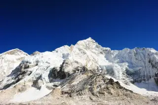 Mount Everest summit pyramid towering over the Himalaya