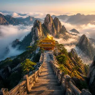 Jiuhua Mountain temples emerging from morning mist