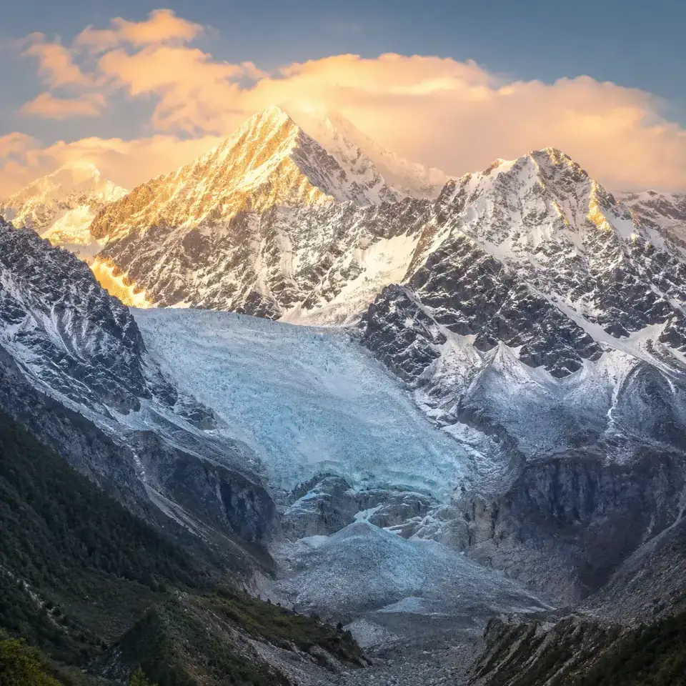 Hailuogou Glacier cascading from Mount Gongga