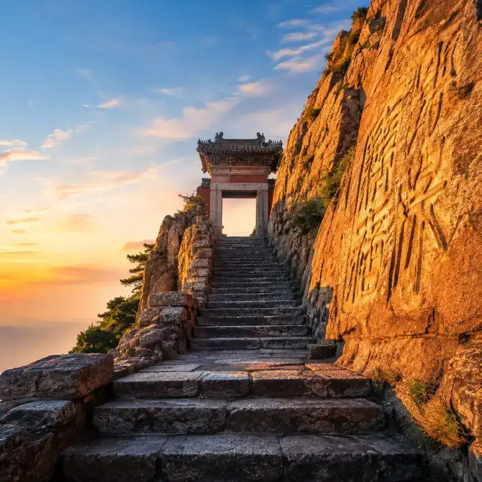 Mount Tai stone stairway with ancient inscriptions at dawn